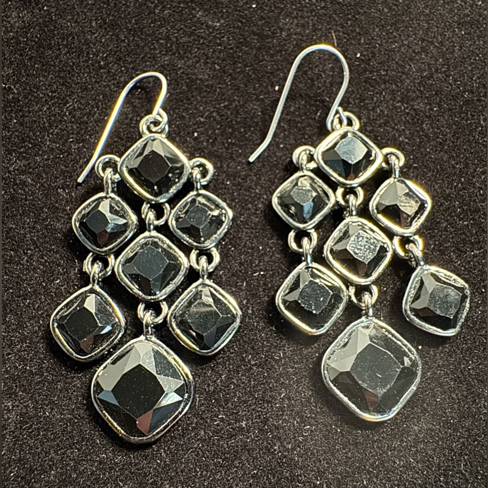 Black Chandelier-style Drop Earrings w/ 3 strands multiple faceted stones.